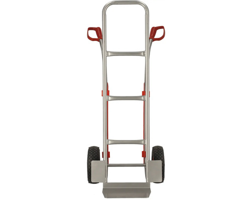 Metalen steekwagen met twee wielen en rode handgrepen