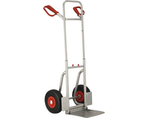 Metalen steekwagen met rode handgrepen en wielen