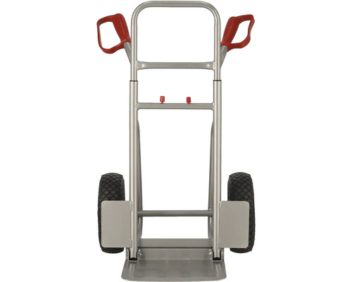 Metalen steekwagen met rode handgrepen en zwarte wielen