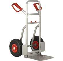 Metalen steekwagen met twee wielen en rode handgrepen