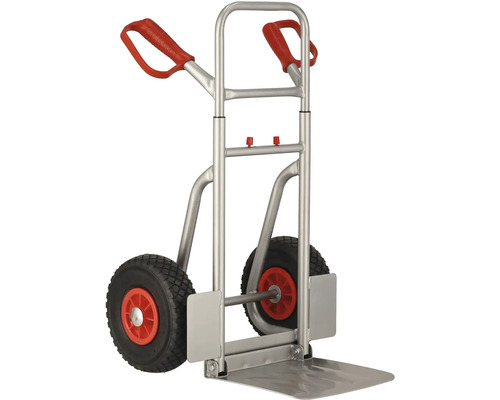 Metalen steekwagen met twee wielen en rode handgrepen