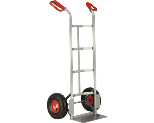 Metalen steekwagen met rode handgrepen en banden