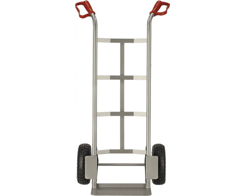 Metalen steekwagen met rode handgrepen en zwarte wielen