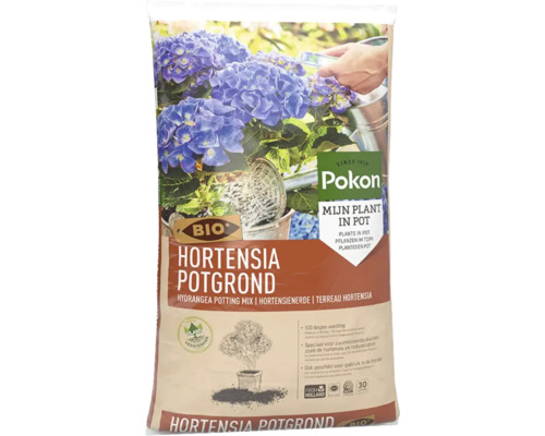 Zak hortensia potgrond met Pokon Logo en Bio keurmerk