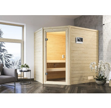 Moderne houten sauna met glazen deur en digitaal bedieningspaneel in een heldere ruimte.