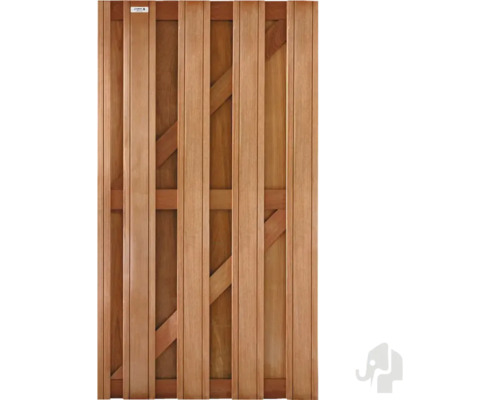 Houten schuttingelement met verticale planken en diagonale schoren