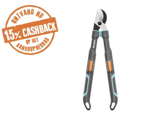 GARDENA Takkenschaar TeleCut Pro S bypass **cashback** Gardena telescopische takkenschaar met bypass systeem en ergonomische handgrepen inclusief 15 procent cashback actie.