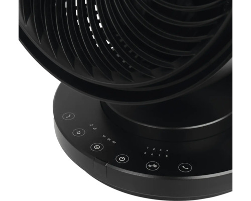 Detail van een zwarte ventilator met bedieningspaneel