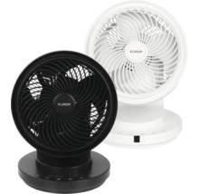 Twee Eurom tafelventilatoren, een zwarte en een witte.