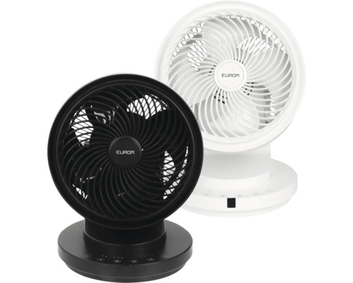 Twee Eurom tafelventilatoren, een zwarte en een witte.