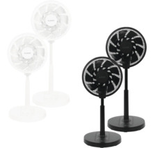 Twee staande ventilatoren, een zwarte en een witte