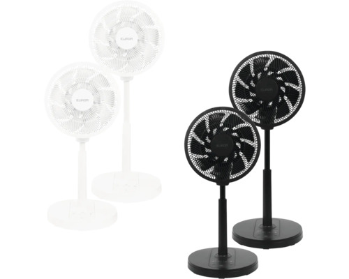 Twee staande ventilatoren, een zwarte en een witte