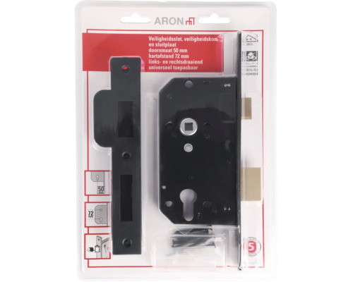Aron veiligheidsslot met veiligheidsbeslag en sluitplaat, doornmaat 50 millimeter, hartafstand 72 millimeter