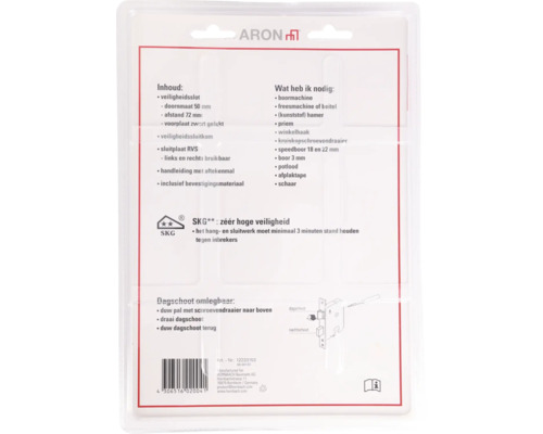 Verpakking van een veiligheidsslot met informatie over inhoud, benodigd gereedschap en SKG-certificering