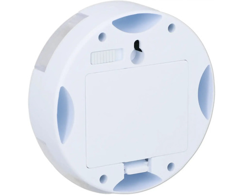 Achterkant van een ronde ledlamp voor binnenshuis met batterijcompartiment en schakelaar