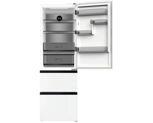 Geopende koelkast met glazen planken en groentelades