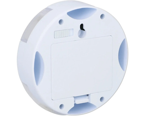 Achterkant van een ronde LED-lamp met batterijcompartiment en schakelaar