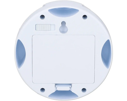 Achterkant van een ronde lamp met schakelaar, batterijklep en ophangsysteem.