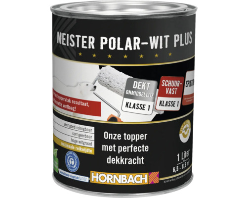 HORNBACH Muurverf Meister Polar plus conserveringsmiddelvrij en spatvrij wit 1 l Meister Polar-Wit Plus verf in een blik