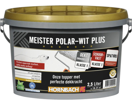 HORNBACH Muurverf Meister Polar plus conserveringsmiddelvrij en spatvrij wit 2,5 l