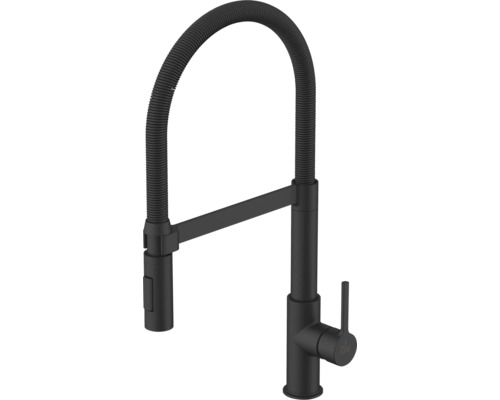 Zwarte keukenkraan met flexibele uitloop