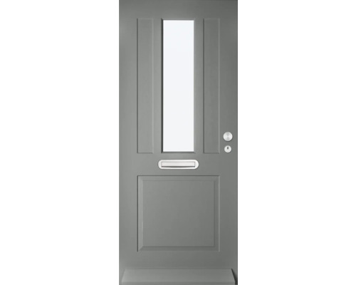 Grijze voordeur met glazen inzetstuk, brievenbus, deurknop en slot