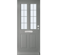 Grijze voordeur met glaspanelen, brievenbus, deurknop en sleutelgat