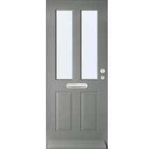 Grijze voordeur met twee glazen panelen, brievenbus en deurklink