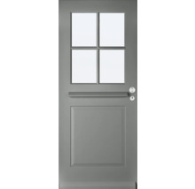 Grijze voordeur met vier glazen panelen