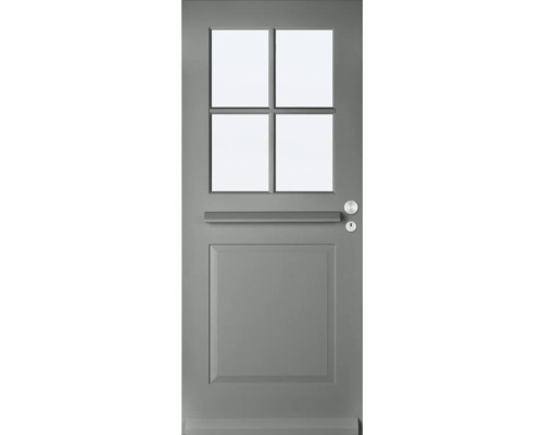 Grijze voordeur met vier glazen panelen