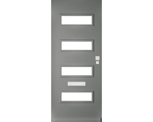 Grijze voordeur met vier rechthoekige ramen en brievenbus