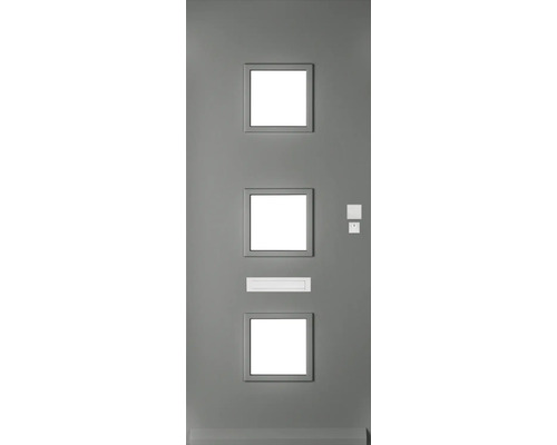 Grijze voordeur met drie vierkante glazen panelen, brievenbus, bel en sleutelgat