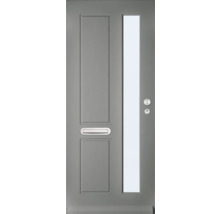 Grijze voordeur met brievenbus en glazen inzet