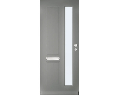 Grijze voordeur met brievenbus en glazen inzet