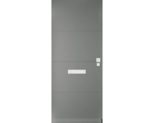 Grijze voordeur met brievenbus en horizontale decoratieve lijnen.