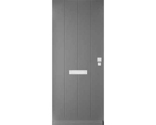 Grijze voordeur met brievenbus en slot