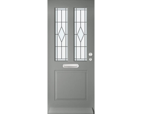Grijze voordeur met glazen panelen en brievenbus