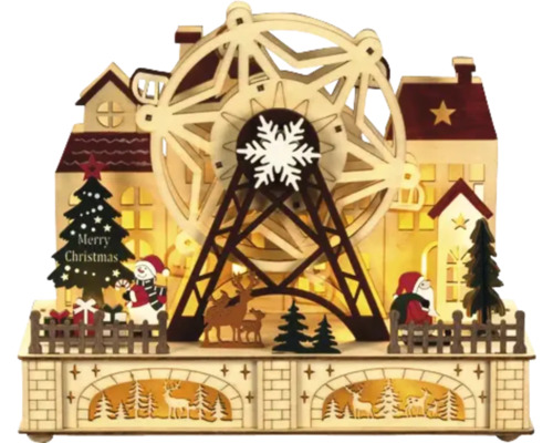 Kerstdecoratie met reuzenrad, huizen, kerstman, sneeuwpop, kerstboom en rendieren van hout