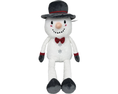 Pluche sneeuwpop met hoed, vlinderdas en decoratieve sneeuwvlokken