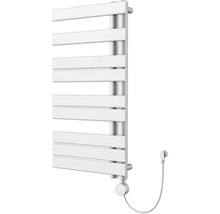 Witte badkamerradiator met horizontale verwarmingselementen en elektrische aansluiting