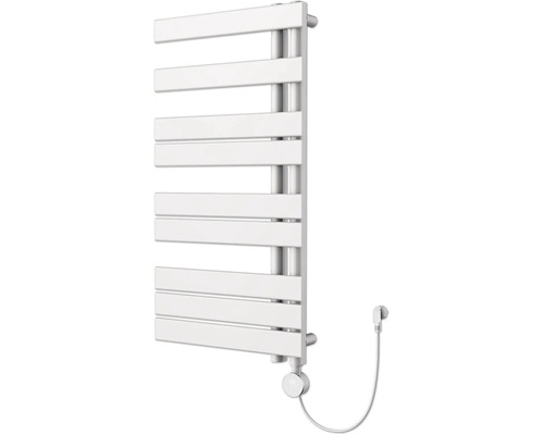 Witte badkamerradiator met horizontale verwarmingselementen en elektrische aansluiting