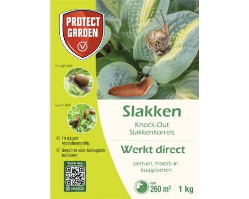 PROTECT GARDEN Slakkenkorrels Knock-Out 1 kg Slakkenkorrels verpakking met informatie over gebruik in de tuin