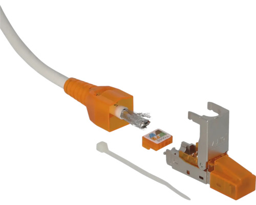 De afbeelding toont een modulaire keystone-aansluitingsset. Deze bestaat uit een kabel, een keystone-aansluiting, een montagegereedschap en een kabelbinder.