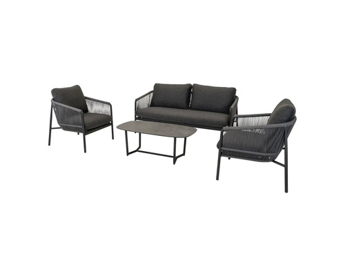 LESLI Loungeset Osaka aluminium 4-delig rope incl. zitkussens zwart Tuinset met twee fauteuils, een bank en een tafel