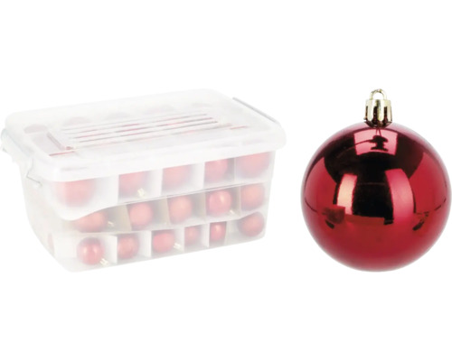 Kerstbal kunststof rood mix assortiment 70 st Opbergdoos met kerstballen en losse kerstbal
