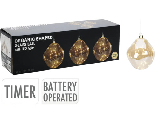 Glazen ballen organisch LED verlichting amber warmwit Ø 10 cm 3 st Organisch gevormde glazen bol met ledverlichting, batterijvoeding en timerfunctie