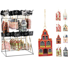 Standaard met verschillende huisvormige kerstdecoratiehangers