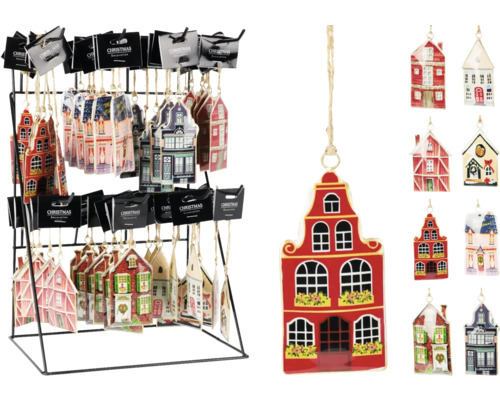 Standaard met verschillende huisvormige kerstdecoratiehangers