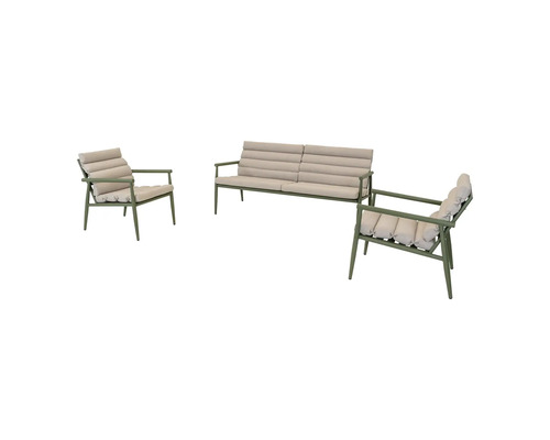 Tuinmeubelset bestaande uit een bank en twee fauteuils met kussens