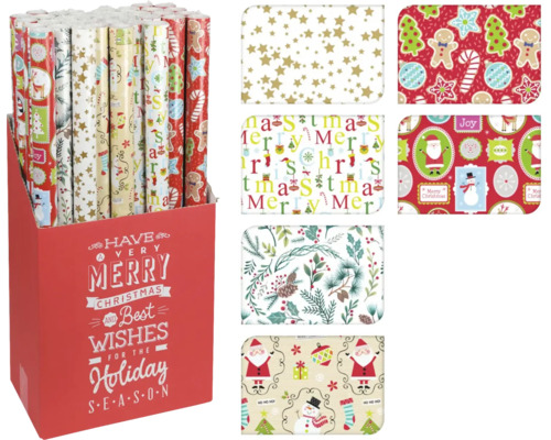Diverse rollen cadeaupapier met kerstmotieven in een rode dispenserdoos.